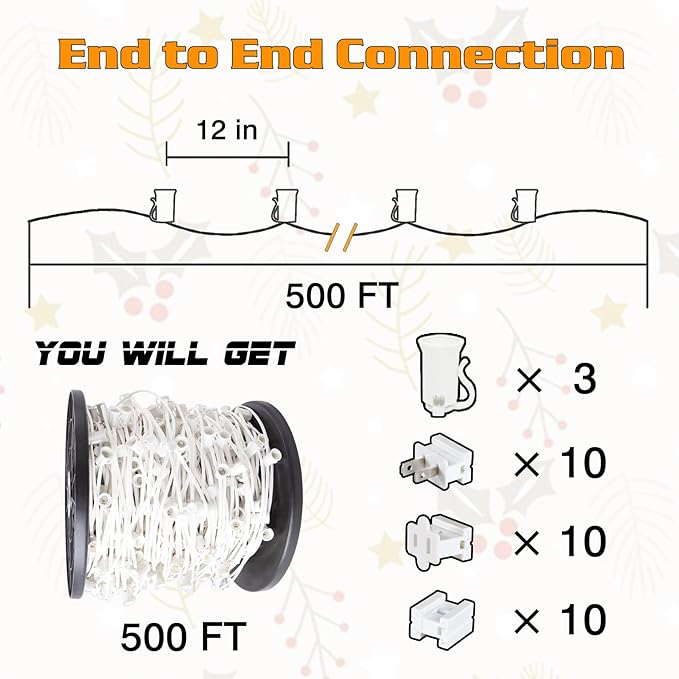 500FT C7 Light String Christmas Stringer, E12 Christmas Sockets 12" Spacing, C7 Stringer Set Green Outdoor String Light for Wedding Patio Event Lighting Decor, White Wire