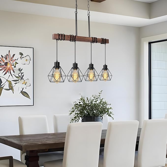 4-Light Modern Farmhouse Chandelier for Dining Room - Black Metal & Rustic Wood Kitchen Island Lighting with Adjustable Height, 29.5" Linear Pendant Light Fixture with Diamond Shades, UL Listed