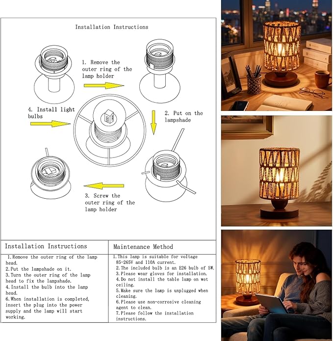 Handmade Rattan Lamp Farmhouse Table Lamp for Bedroom, Stepless Dimming Rustic Woven Lamps for Night Stands with Warm White LED Bulb, Boho-Inspired Boho Lamps for Living Room Kitchen Nook