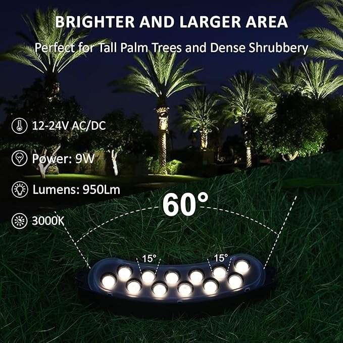 Low Voltage Flood Lights, 9W Bright LED Uplighting Outdoor, Wired Spot Lights Outdoor, 12V Low Voltage Floodlights for Tree Wall House, Aluminum, 3000K, Unique Design, Black, Pack of 4