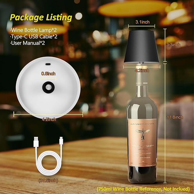 2025 New Wireless Bottle Lamp - LED Bottle Lights for Liquor & Wine Bottles, Cordless Lampshade, Whiskey Bottle Top Light, Bottle Stopper Night Light Kit, Rechargeable 3-Tone Touch-Dimmable 2 PCS