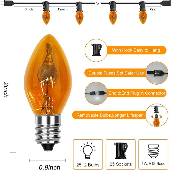 Flickering Flame String Lights, 25Ft C7 Orange Halloween String Lights, Orange Flicker Flame Lights for Outdoor and Indoor Decor, Halloween Lighting for Party Decorations