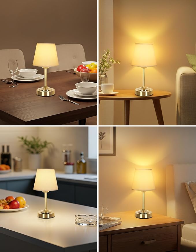 OUTON Cordless Rechargeable Table Lamp – 3 Color Temperatures, Battery Display, Touch Dimmable LED Light, USB-C Charging, Fabric Shade, Memory Function for Bedroom, Living Room, Patio (Small-Gold)