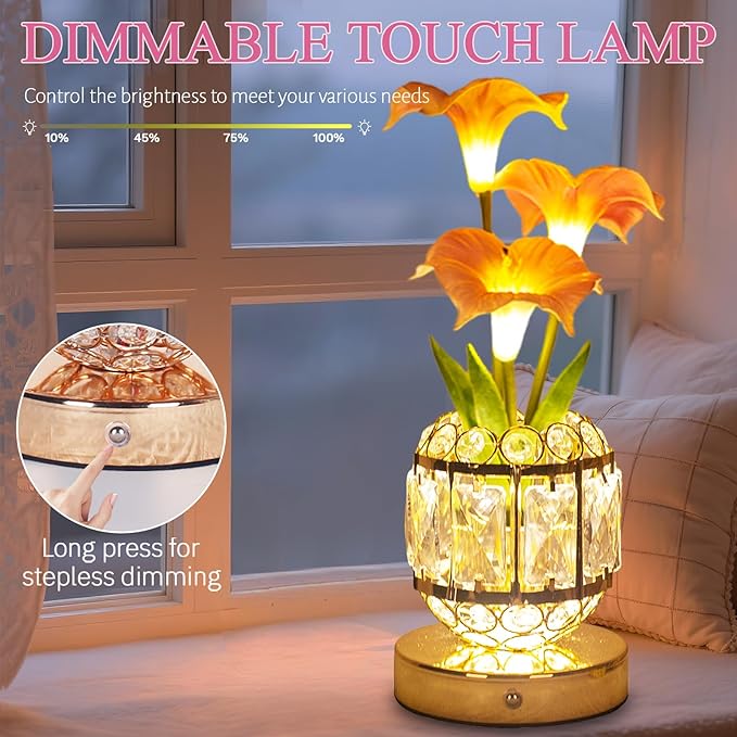 Flower Table Lamp, 3-Color Dimmable Artificial Flowers Night Light, Rechargeable Cordless Small Desk Lamp, Morning Glory with Crystal Vase for Party Date Home Decoration (Pink - Morning Glory)