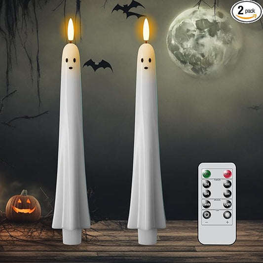 DRomance Halloween Ghost Flameless Taper Candles Flickering Battery Operated with Remote and Timer 3D Wick White Real Wax LED Taper Candles Halloween Dinner Decoration Indoor(2 Pack, 0.79"D x 9.5"H)