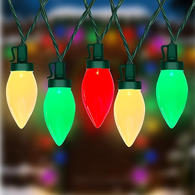 26FT C9 Red Green and White Christmas String Lights, Outdoor Christmas Decorations Lights with 50 C9 LED Bulbs, Plug in Vintage Christmas Lights Waterproof for Tree Patio Roofline Party Garden Decor