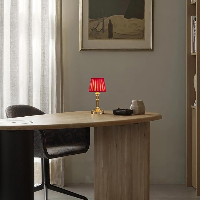 KDG Cordless Portables Table Lamp Set of 2, LED Fabric Shade Small Desk Lamps, 5000mAh Battery Powered Lighting, 2700K Stepless Dimmable Light for Living Room, Dining Room, Bedroom (Gold+Red)