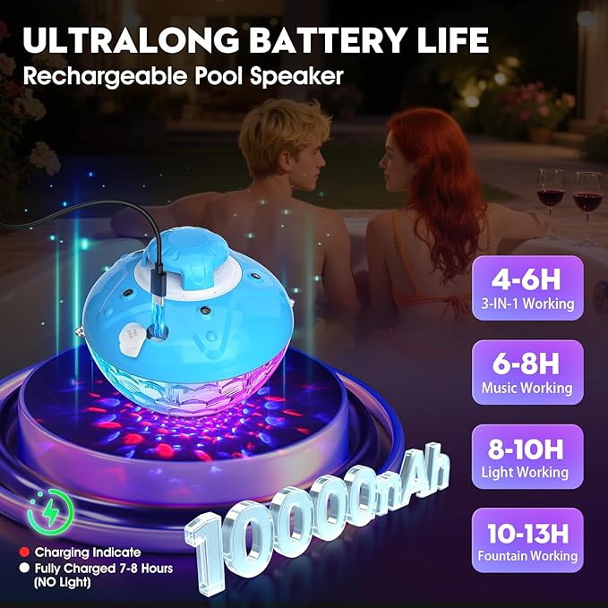 Blufree Bluetooth Pool Speaker w/Colorful Pool Fountain Light, 3 in 1 Floating Pool Speaker Loud Sound, IP68 Waterproof Floating Hot Tub Speakers, Bluetooth 5.4, 24H Playtime Pool Wireless Speakers