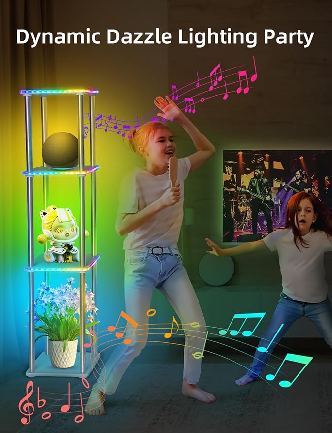 LED Floor Lamp with Shelves, Adjustable Height lamp with Shelves, Standing Lamp with APP Control,USB Port and Music Sync, Shelf Lamp for Living Room, Bedroom, 4 Tier White