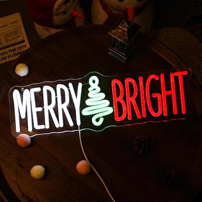 Merry and Bright Neon Lights Wish you a Nice Christmas Quotes LED Signs Christmas Tree for Shop Coffee Store Cafe Apartment Family Light up Xmas Party Wall Decor