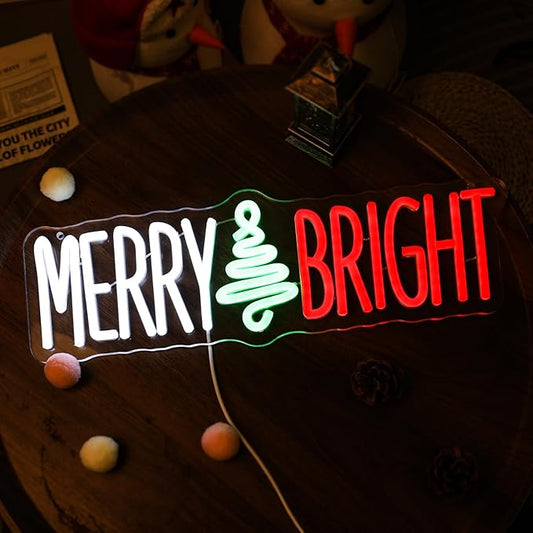 Merry and Bright Neon Lights Wish you a Nice Christmas Quotes LED Signs Christmas Tree for Shop Coffee Store Cafe Apartment Family Light up Xmas Party Wall Decor