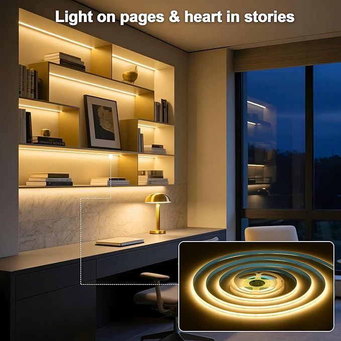 LED Strip Lights 16.4Ft Warm White Light 3000K Dimmable 24V COB Super Bright LED Strip Lights Suitable For Bedroom, Cabinet, TV lights and Home Indoor Decoration led tape lights( With Power Adapter )