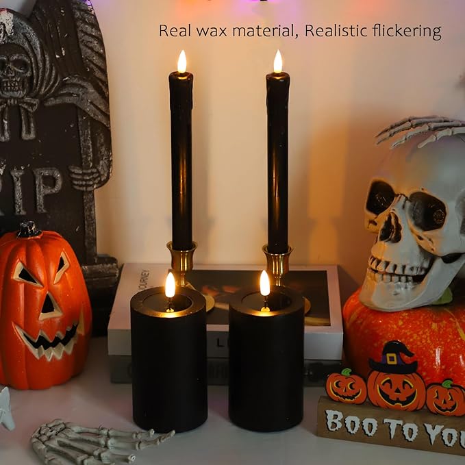 Black Flameless Candles, Battery Operated Candles, Real Wax Black LED Candles, Flickering Remote Control for Home Fall Halloween Decor Party Gifts, Set of 4