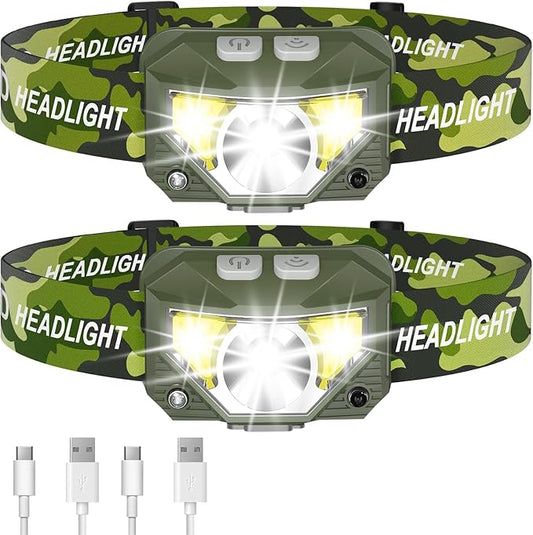 LHKNL Headlamp Flashlight, Lumen Ultra-Light Bright LED Rechargeable Headlight with White Red Light,2-Pack Waterproof Motion Sensor Head Lamp,8 Mode for Outdoor Camping Running Fishing- Green