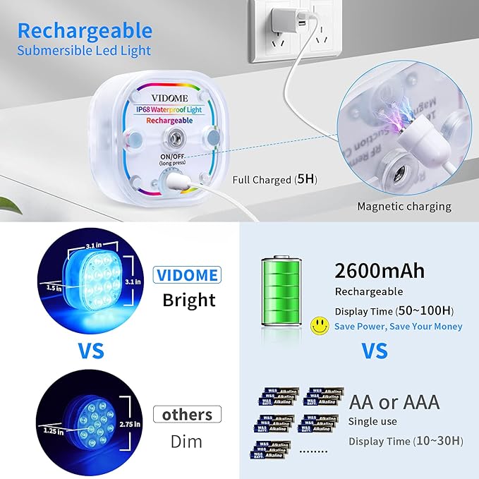Rechargeable Pool Lights for Above Ground Pools, Led Lights for Inground Pool Waterproof, Submersible Led Pool Lights Underwater with Remote & Suction Cup 16 Colors Magnetic Pond Light 4 Sets