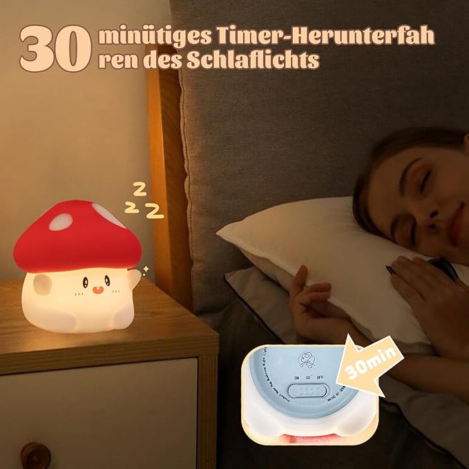 Hug Mushroom Night Light, 50-Hour Battery & Pat Control, Squishy Lamp for Kids Bedroom, Girls, USB Rechargeable with Timer, Easter Gifts