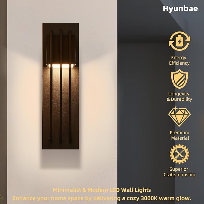 Hyunbae Outdoor Wall Sconce, 17.7inch Modern Black Exterior Lights Fixture, 3000K Waterproof Outdoor Porch Lights for House, Patio, Garage 10%-100% Dimmable LED Wall Mount Lighting for Exterior