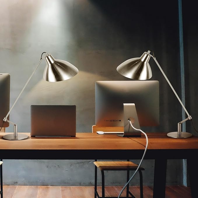 Desk Lamp Modern Industrial 100% Metal Table Lamp 22", Soft White Light (3000K) with Adjustable Switch, Ideal for Office Bedroom Study Room Living Room Nightstand Bedside Lamps Nickel