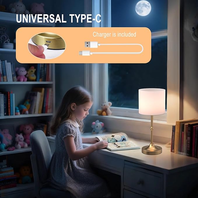Portable Cordless Table Lamp,Built-in 5200mAH Rechargeable Battery, Dimmable Touch Wireless Light, Bed Side Metal Desk Lamp，Restaurant/Bedroom/Bar/Coffee/Night Light (Antique Brass)