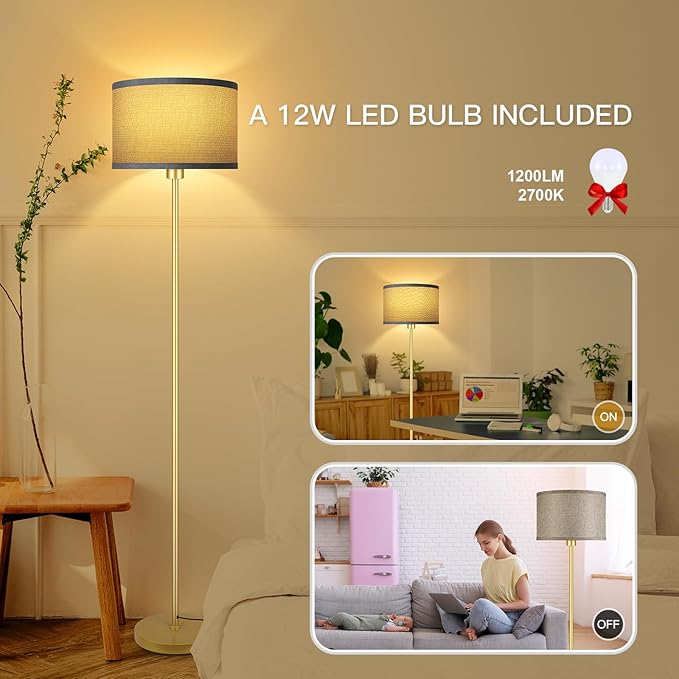 Gold Floor Lamp, Standing Lamp, Rustic Living Room Lamps with with Jute Shade, Foot Pedal Switch, Bright Farmhouse Tall Lamp, Corner Lamp for Bedroom Office (LED Bulbs Included)