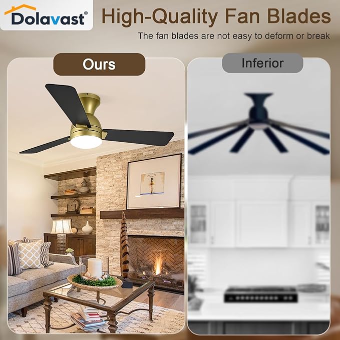 Ceiling Fans with Lights and Remote, 42 Inch Ceiling Fan with Light, Low Profile, Reversible, Dimmable LED, Flush Mount, Quiet, DC Motor, Gold Ceiling Fan for Bedroom, Kitchen, Dining Room