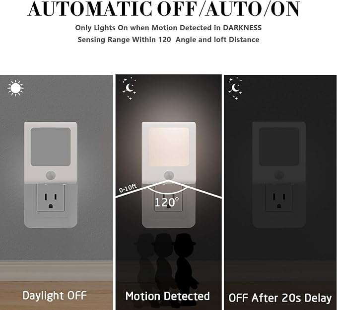 VINTAR 3 Pack Motion Sensor Dimmable LED Night Light, Plug in Nightlight with Auto Dusk to Dawn Sensor, Adjustable Brightness Warm White Lights for Hallway, Kids Room, Kitchen, Stairway, Bathroom