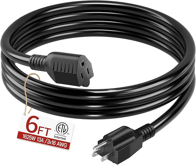 16/3 Short Extension Cord 6 FT, Black Extension Cord Flexible & Durable, Indoor 3 Prong Power Cable, Suitable for Home and Office, 13 Amp 1625 Watt 125VAC 16AWG, ETL Listed