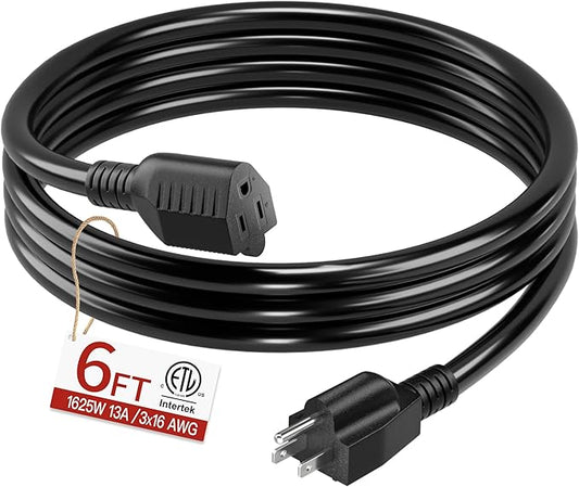 16/3 Short Extension Cord 6 FT, Black Extension Cord Flexible & Durable, Indoor 3 Prong Power Cable, Suitable for Home and Office, 13 Amp 1625 Watt 125VAC 16AWG, ETL Listed