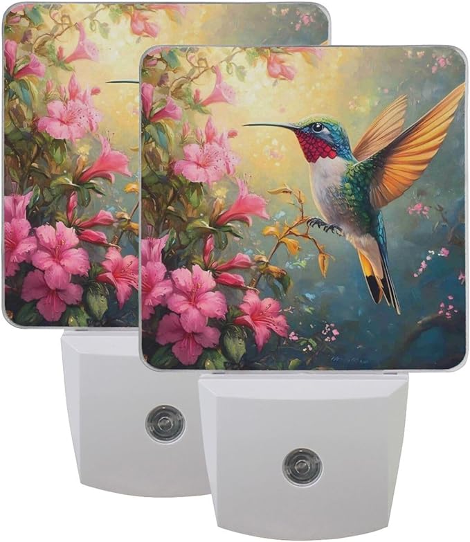 Spring Hummingbird Flowers Night Light 2 Pack Dusk to Dawn Sensor Led Lamp for Women Men Night Lights Plug into Wall Decor for Bedroom Kitchen Corridor, 0.5W