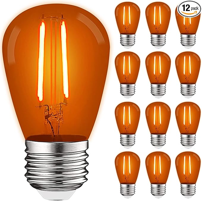 LUXRITE 12-Pack S14 Edison LED Orange Light Bulb, 0.5W, Colored LED Bulbs for Outdoor String Lights, UL Listed, E26 Base, Indoor Outdoor, Decoration, Party, Holiday, String Light Replacement Bulbs
