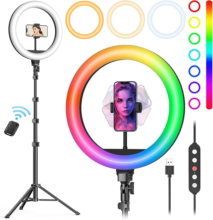 Weilisi 12'' Ring Light with Stand 72'' Tall & 2 Phone Holders,38 Color Modes Selfie Light with Tripod Stand, Big LED Ring Light for iPhone/Android/Camera,YouTube,Makeup