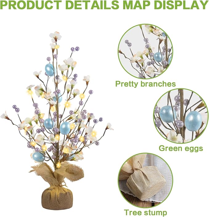 RoseCraft Easter Decorations, Artificial 18 Inch Easter Egg Tree Tabletop Decor with Delicate Ornaments, for Home Party Wedding Holiday Spring Summer Decoration, Purple/Blue.