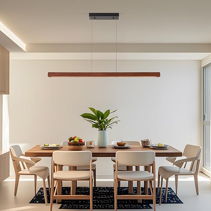 43" Wood Linear Pendant Light, 24W Hanging Pendant Light, Dimmable Modern Led Pendant Lighting, Adjustable Wood Linear Chandeliers for Dining Room, Kitchen Island, Bar, Pool Table-Walnut