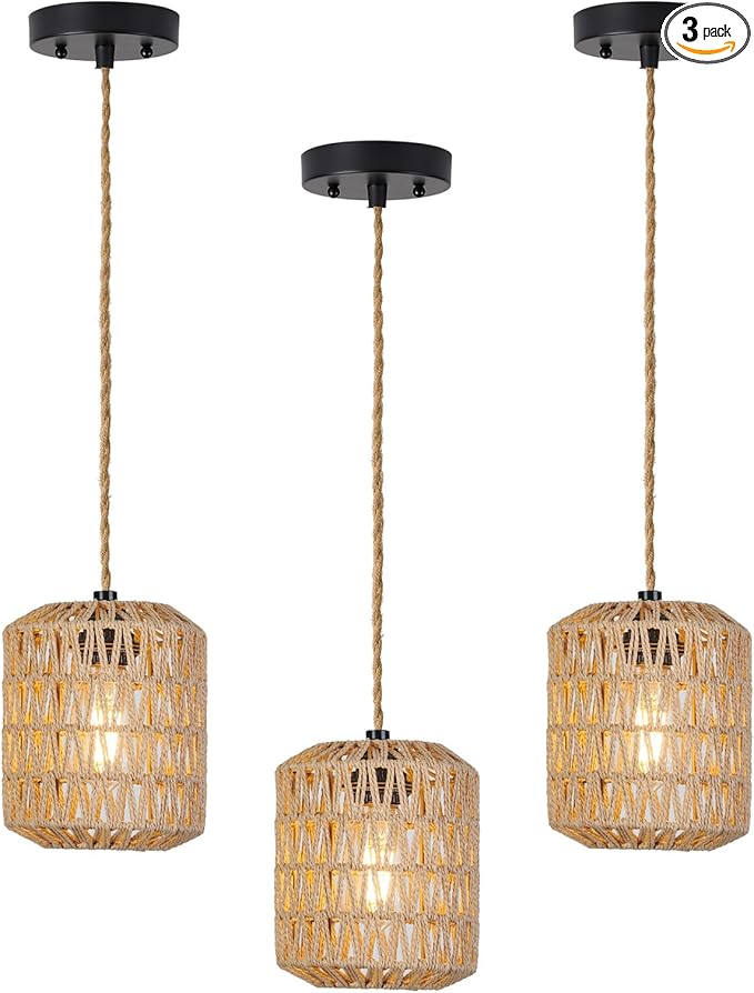 Boho Pendant Lights Kitchen Island Rattan Hanging Lamp with Hand Woven Wicker Small Chandelier Hanging Lights Fixture for Bedroom Kitchen Hallway Foyer 3 Packs