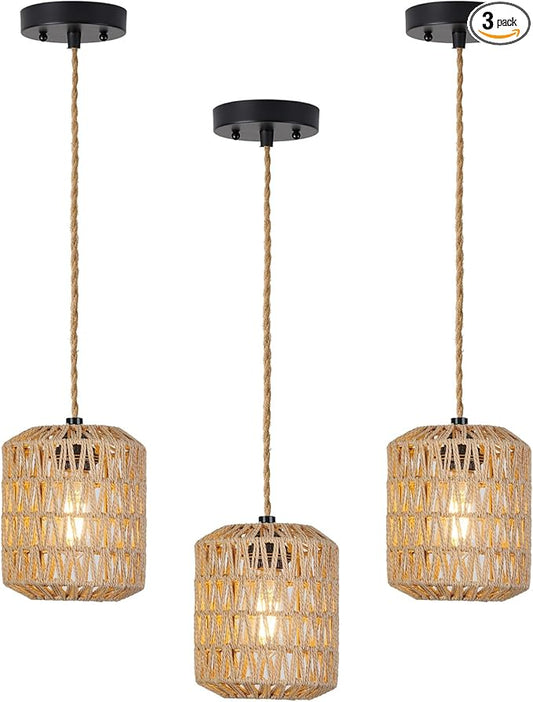 Boho Pendant Lights Kitchen Island Rattan Hanging Lamp with Hand Woven Wicker Small Chandelier Hanging Lights Fixture for Bedroom Kitchen Hallway Foyer 3 Packs