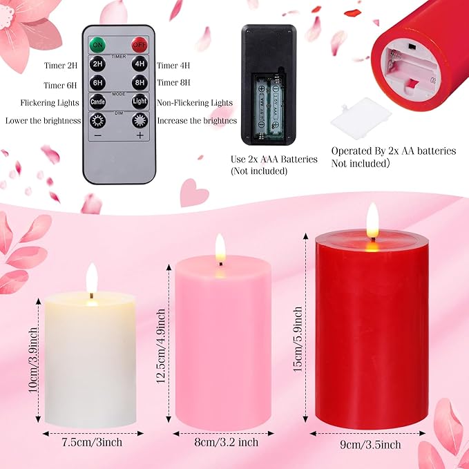 3 Pcs Mother's Day Flameless Candles Battery Operated Wax LED Flickering Flameless Pillar Candles with Remote for Home Table Dating Wedding Party Decor