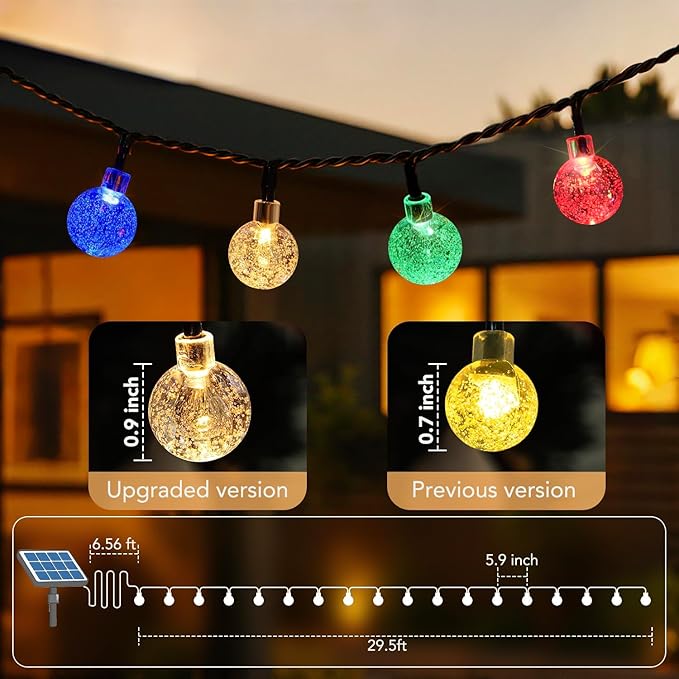 Metaku Solar String Lights for Outside, 36FT 60 LED Crystal Globe String Lights, Solar Powered Outdoor Lights with 8 Lighting Modes, Patio Hanging Lights for Garden, Camping and Party Décor Multicolor