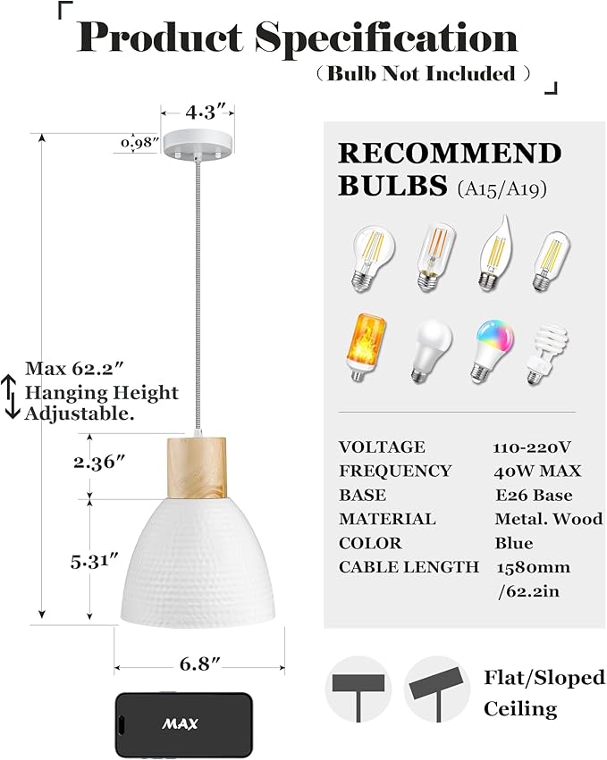 ELYONA Hammered Pendant Lights for Kitchen Island, Solid Wood Hanging Light Fixtures, Industrial Metal Pendant Light Fixtures for Bar, Dining Room, Bedroom, Office, Modern White,Small