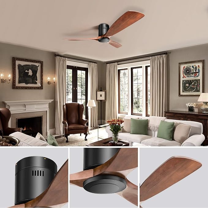 52" Low Profile Ceiling Fan with Remote,Outdoor Flushmount Ceiling Fan with 3 Wood Blade Noiseless Reversible DC Motor, For Living room Bedroom Farmhouse