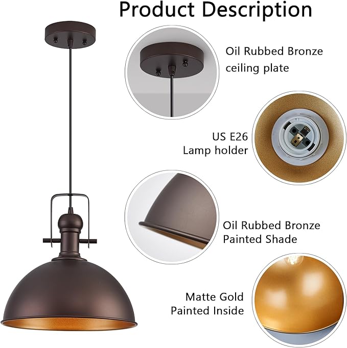 12 Inch Oil Rubbed Bronze Farmhouse Pendant Lights Large Pendant Lights for Kitchen Island Industrial Adjustable Height Vintage Big Dome Hanging Light Fixtures for Barn, Dining Room 1 Pack
