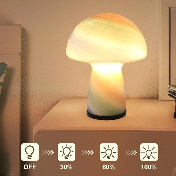 Mushroom lamp,Dimmable Glass Table Lamp,Vintage Style Table Lamp,Rainbow Bedside Desk lamp,Cute Table Lamps.（LED Bulbs Included）