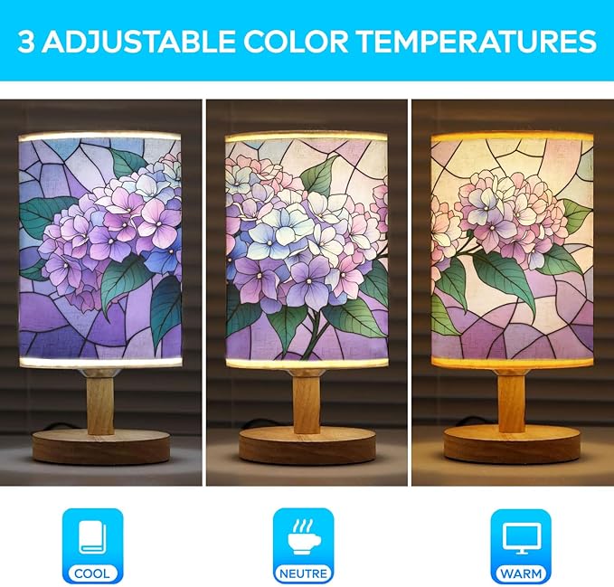Hydrangea Table Lamp LED 3-Color Pressed Bedside, Hydrangea Shade Lamp with Wood Base for Bedroom Living Room Desk Office TL01