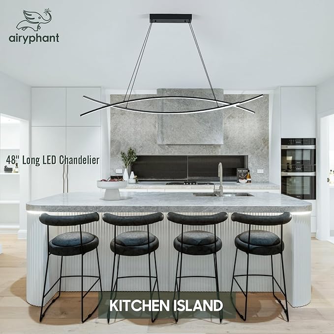 48" Modern LED Chandelier 4-Light Island Light Black Linear Chandelier for Kitchen Island Dining Room 45W Dimmable Modern LED Chandelier with Remote Control