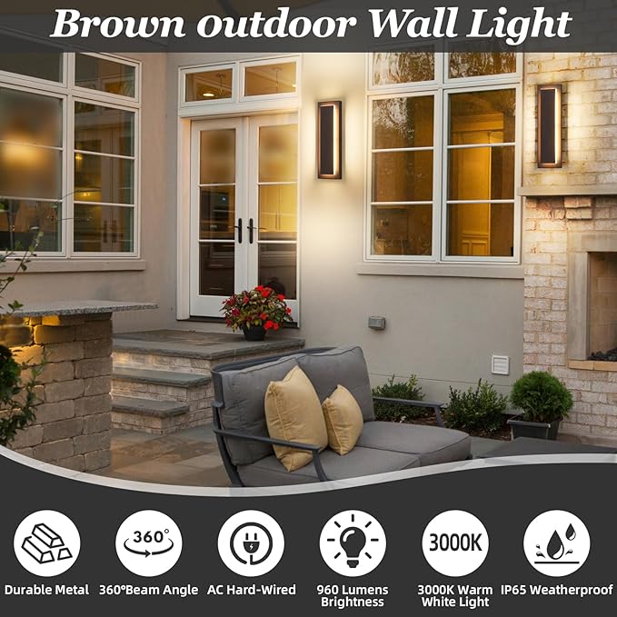 15.7 Inches Brown Modern Outdoor Wall Lights,Long Exterior Lighting Fixtures,Led Sconces Indoor,Long Wall Sconce,Porch Patio Front Door Wall Light Fixture,Waterproof 3000K 12W 1 Pack
