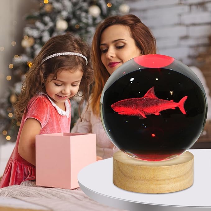 3D Crystal Ball Night Light, 3.15 Inch Glass Ball Lamp with 16 Color LED Wooden Base, Shark Night Light Decor for Birthday, Holiday, Christmas Gifts