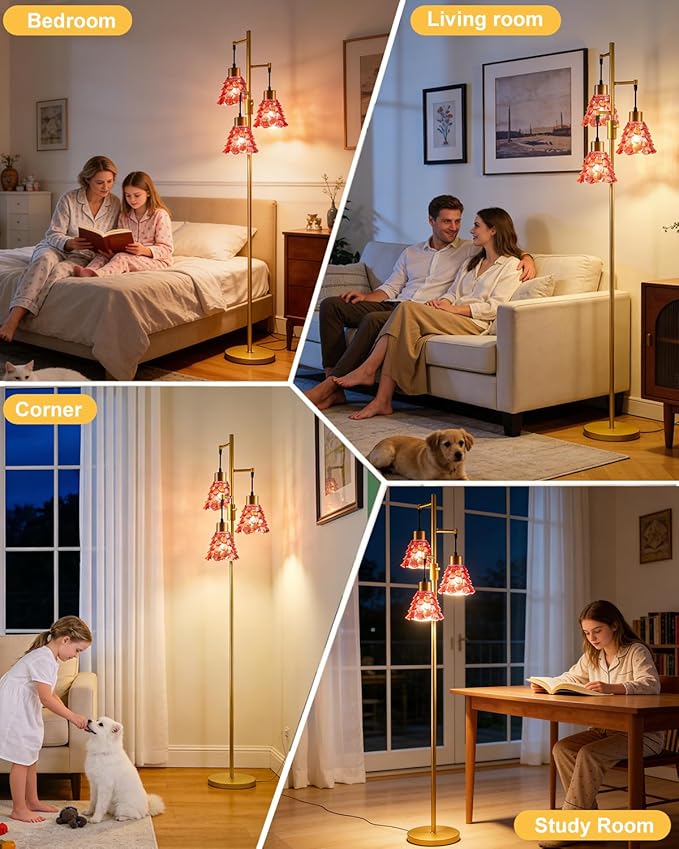 Glass Floor Lamps for Living Room, 67'' 3-Light Dimmable Floor Lamp with Rose Red Glass Shade& E12 Bulbs Included, Mid Century Standing Tall Lamp for Bedroom/Sofa Beside/Corner Decor-Gold