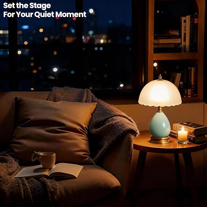 Decorative Ceramic Table Lamp with Frosted Glass Shade, Small Bedside Nightstand Lamp with Dimmable Light, 6ft Cord, E26 Bulb Included for Bedroom & Living Room