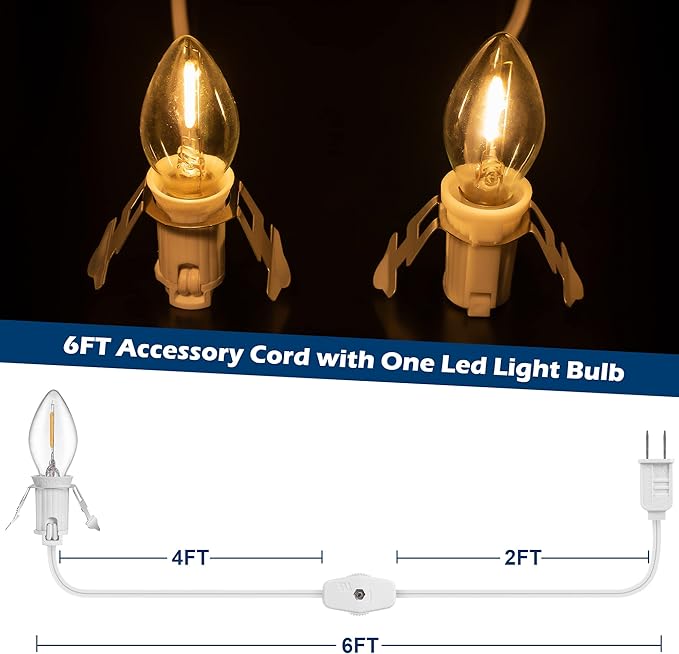 Feekoon 10 Packs 6ft Village Light Cord with 1W C7 LED Bulb, Salt Lamp Cord with ON/Off Switch and 2 Spare Fuses, Blow Mold Light Ideal for Christmas Village House Craft Decorations