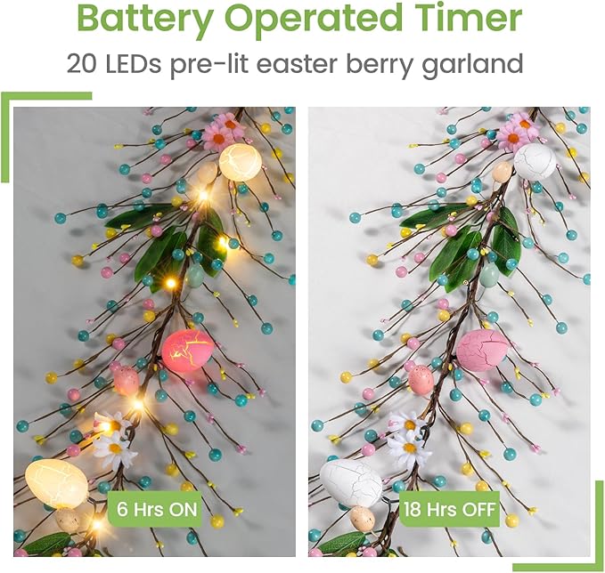 6 FT Pre-Lit Easter Garland with 20 LED Lights & 8 Mode Timer, Mixed Pastel Easter Pip Berry Spring Galand for Mantle Decorations, Lighted Artificial Easter Egg Garland for Fireplace Table Holiday