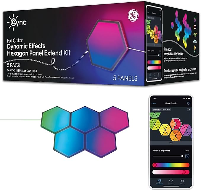 Cync GE Dynamic Effects Indoor Hexagon WiFi Smart LED Color Changing Lights, Wall Light Panels for Room Décor, Gaming Setup, Music Sync LED Wall Art, Works with Alexa and Google, 5 Panels
